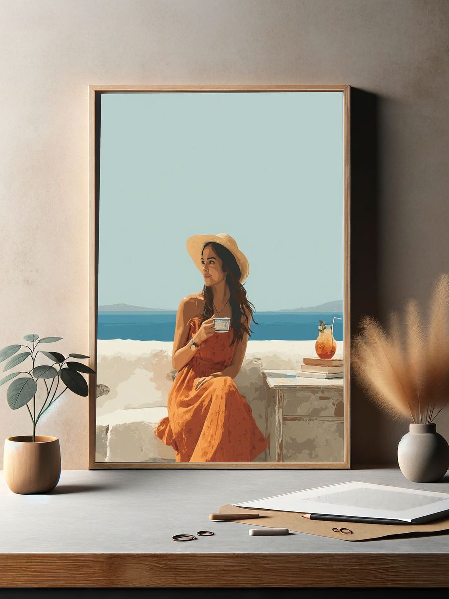 Mediterranean Woman in Orange Dress Poster. — room view 2