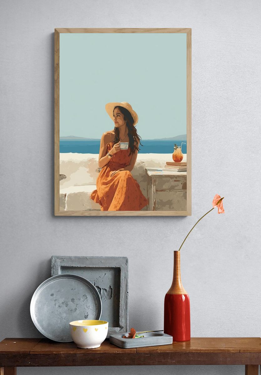 Mediterranean Woman in Orange Dress Poster. — room view 3