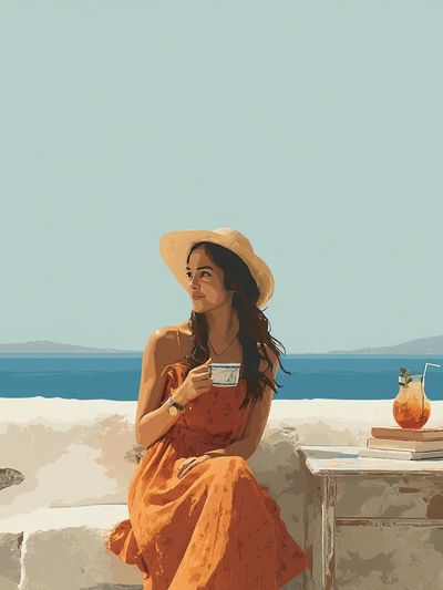 Mediterranean Woman in Orange Dress Poster. poster print