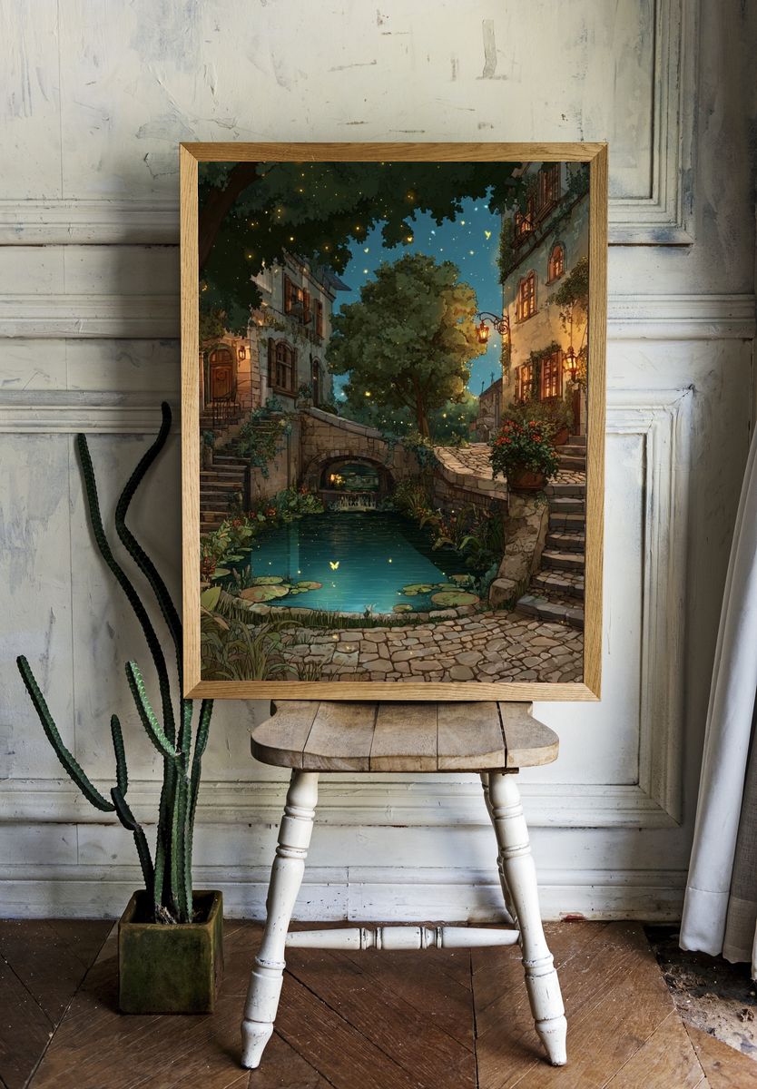 Moonlit Courtyard Village Print. — room view 1