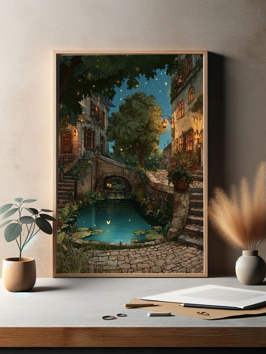 Moonlit Courtyard Village Print. — room view 2