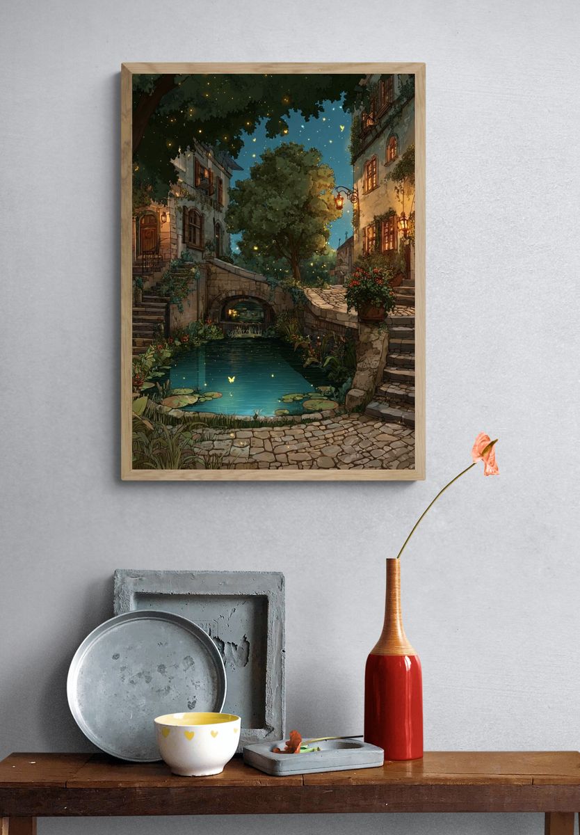Moonlit Courtyard Village Print. — room view 3
