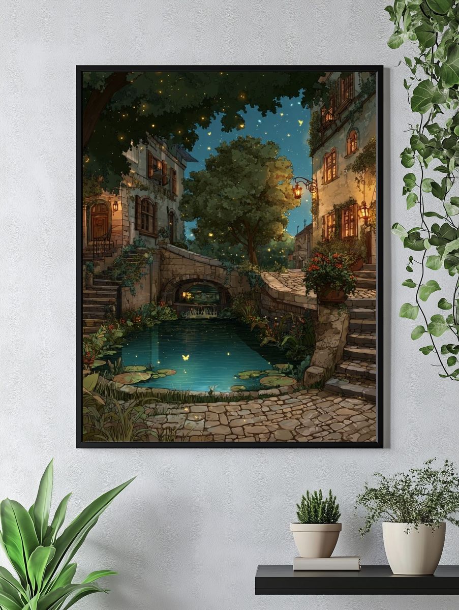 Moonlit Courtyard Village Print. — room view 4