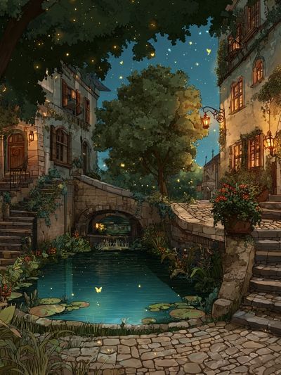 Moonlit Courtyard Village Print. poster print
