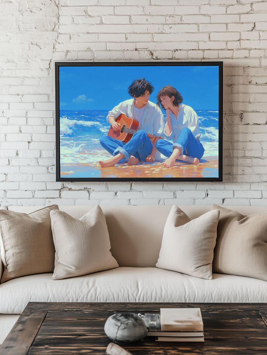 Beach Guitar Couple Illustration Poster. — room view 1