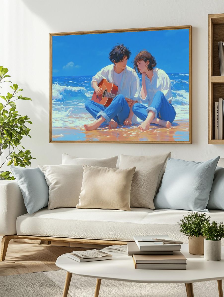 Beach Guitar Couple Illustration Poster. — room view 2