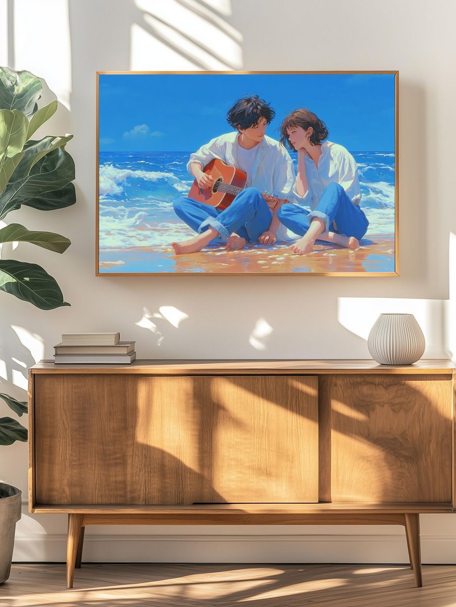 Beach Guitar Couple Illustration Poster. — room view 3