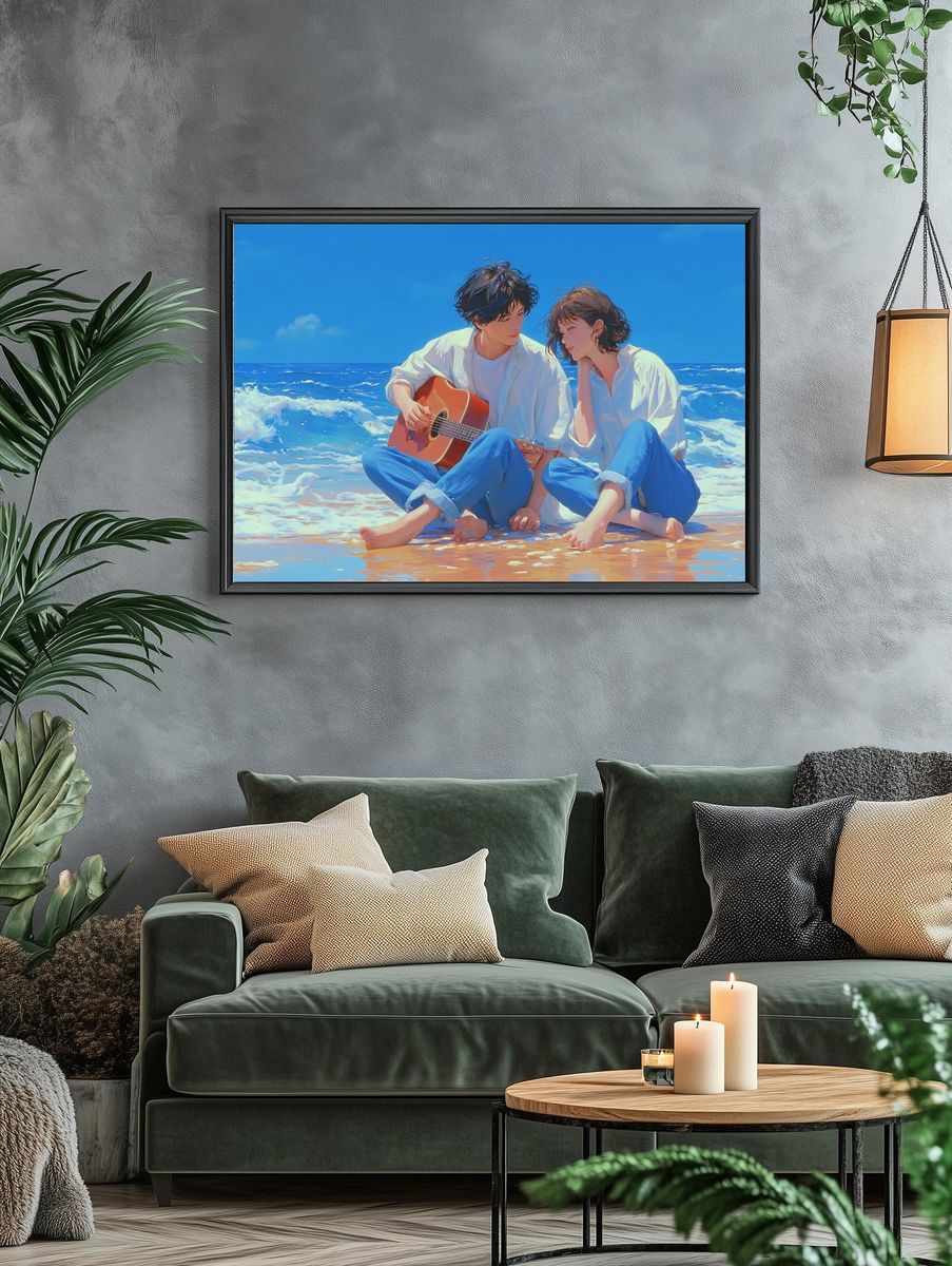Beach Guitar Couple Illustration Poster. — room view 4