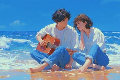 Beach Guitar Couple Illustration Poster. poster print