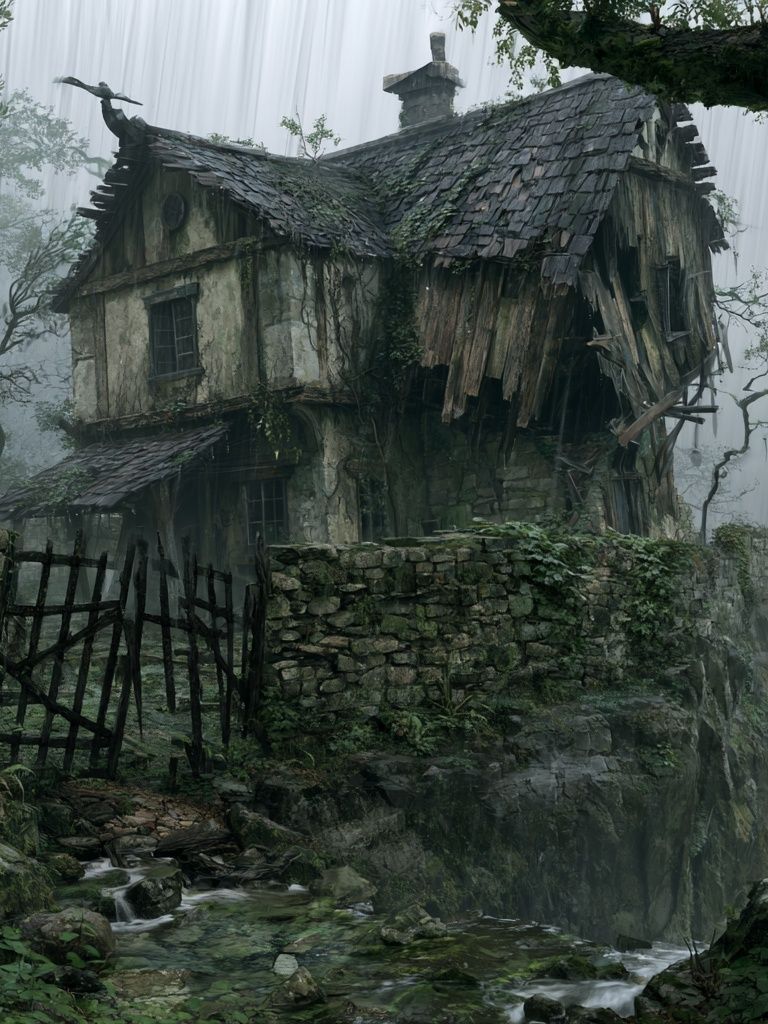 Misty Forest Cottage Illustration Poster. poster detail
