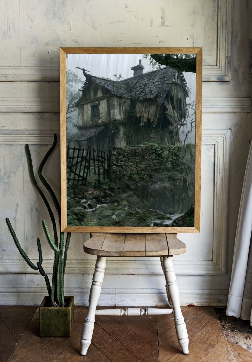 Misty Forest Cottage Illustration Poster. — room view 1