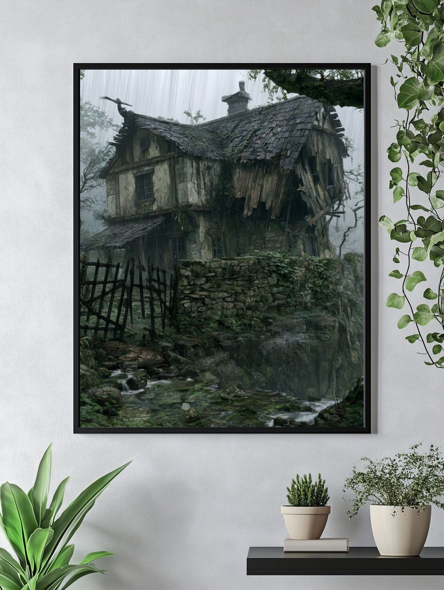 Misty Forest Cottage Illustration Poster. — room view 4