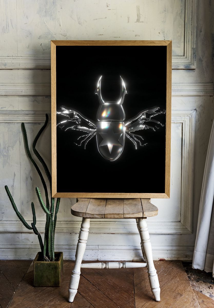 Chrome Beetle Surreal Print. — room view 1