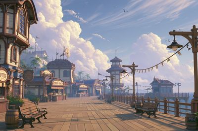 Seaside Boardwalk Town Illustration Poster.