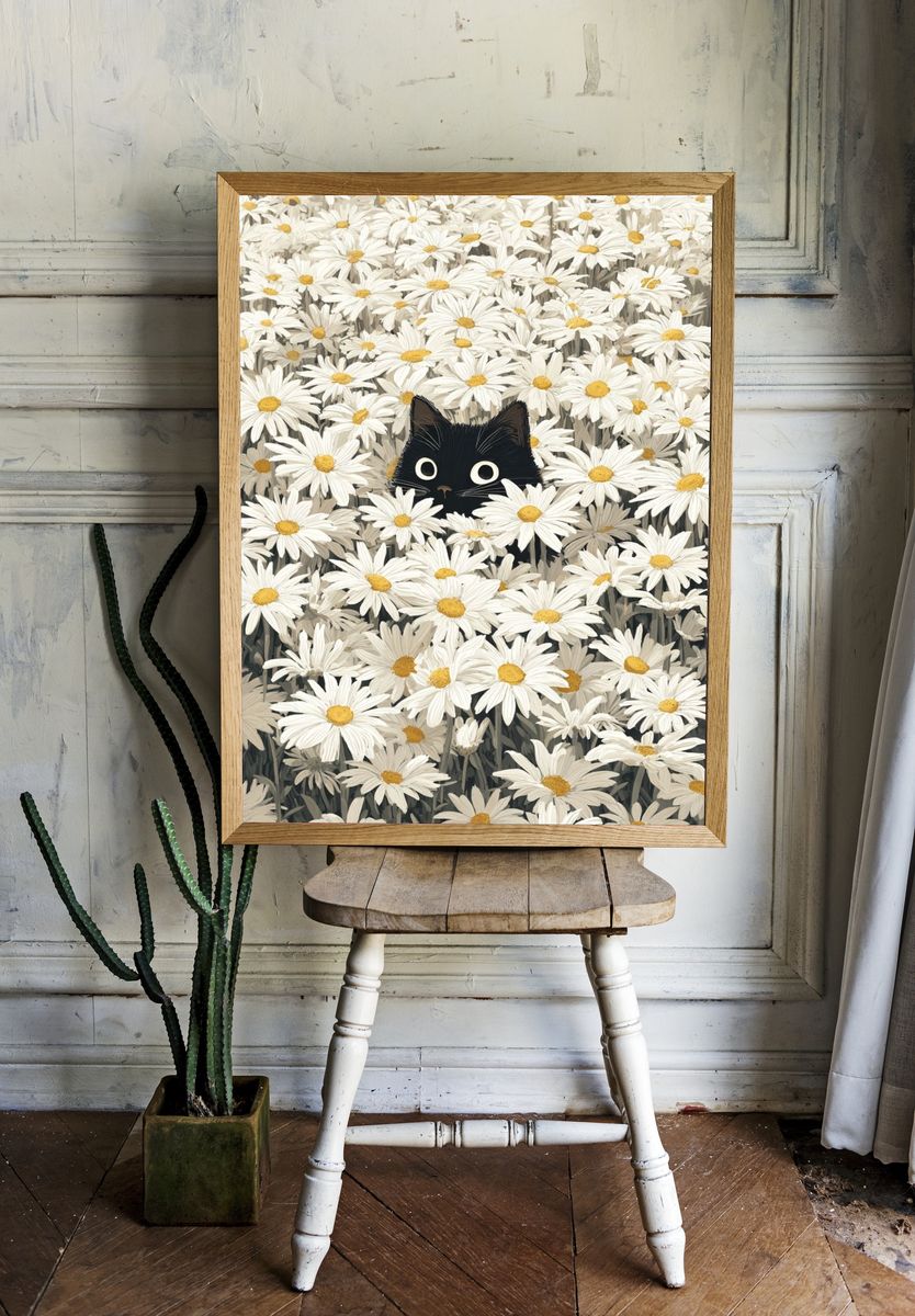 Black Cat in Daisies Illustration Poster. — room view 1