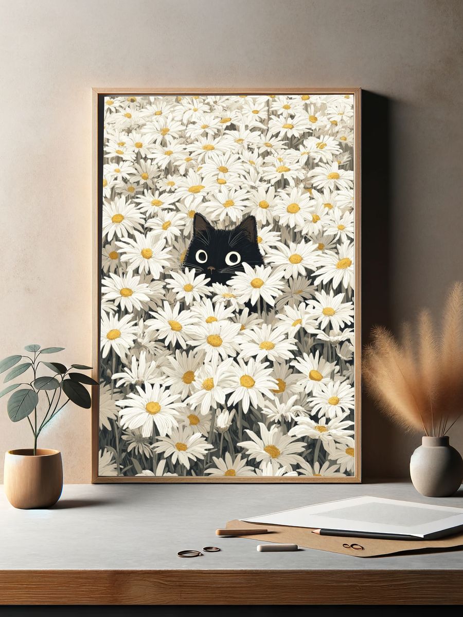 Black Cat in Daisies Illustration Poster. — room view 2