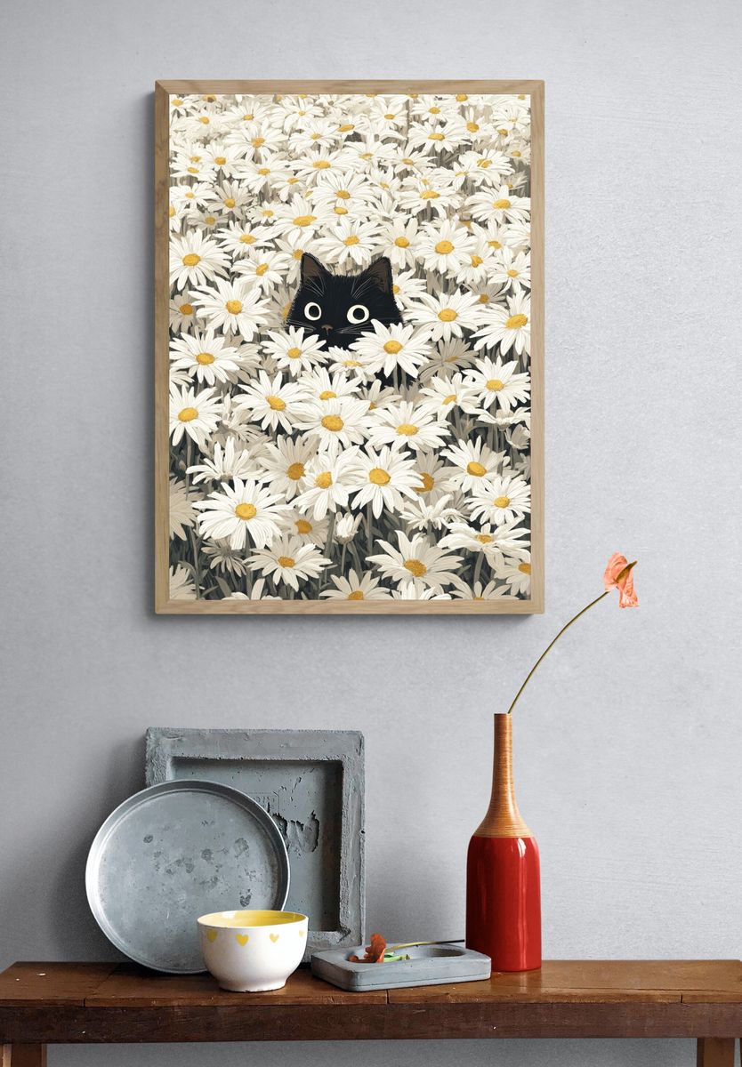 Black Cat in Daisies Illustration Poster. — room view 3