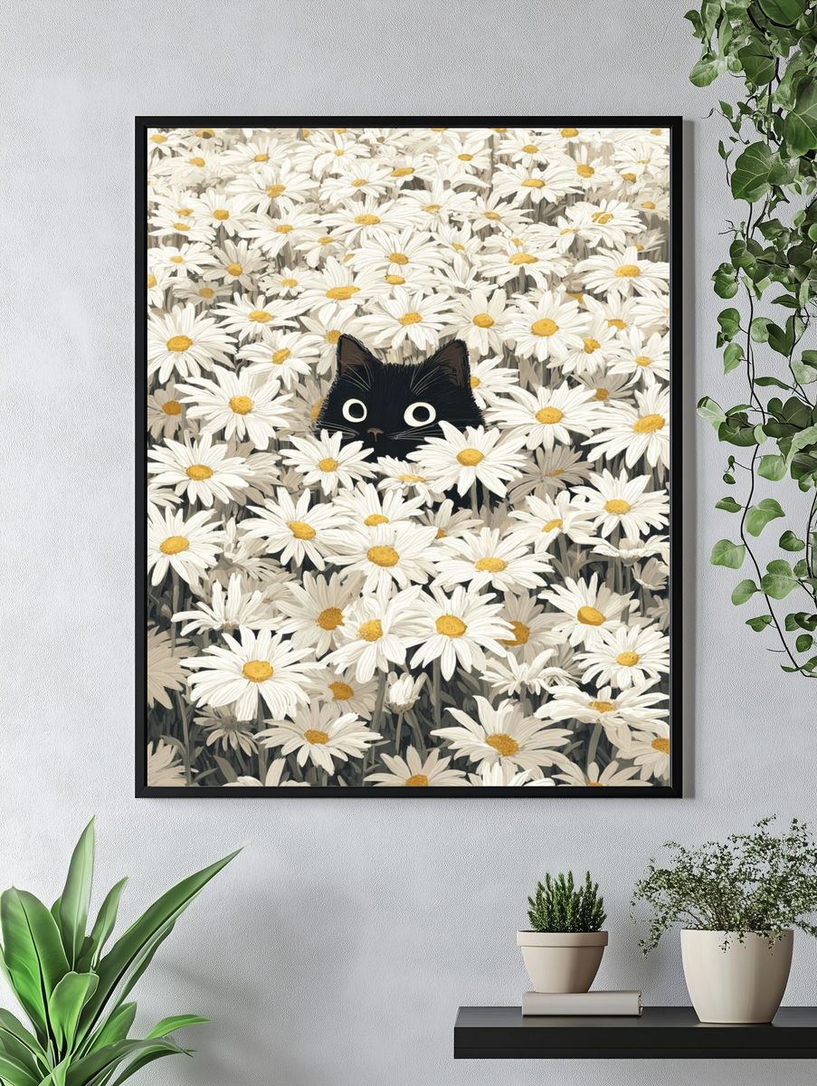 Black Cat in Daisies Illustration Poster. — room view 4