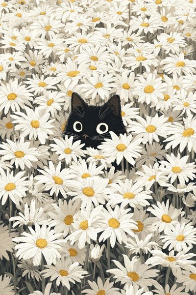 Black Cat in Daisies Illustration Poster. poster