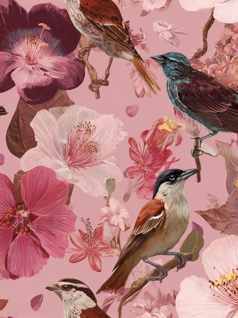 Pink Floral Birds Illustration Poster. poster — illustration art