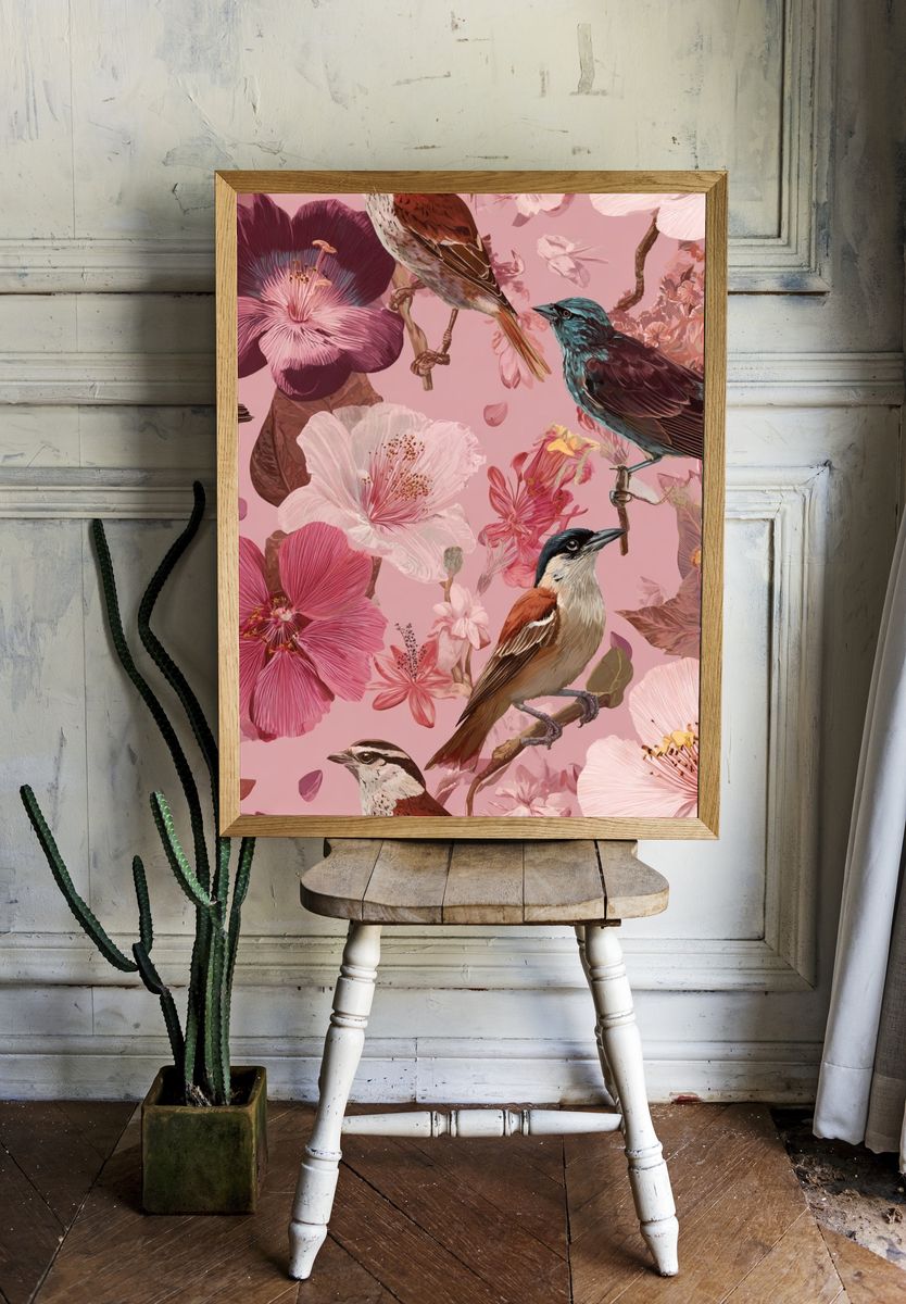 Pink Floral Birds Illustration Poster. — room view 1