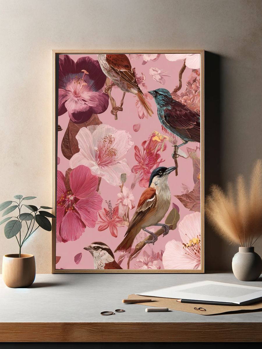 Pink Floral Birds Illustration Poster. — room view 2