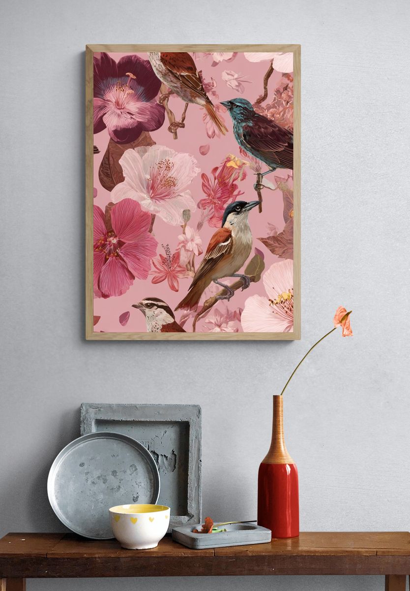 Pink Floral Birds Illustration Poster. — room view 3