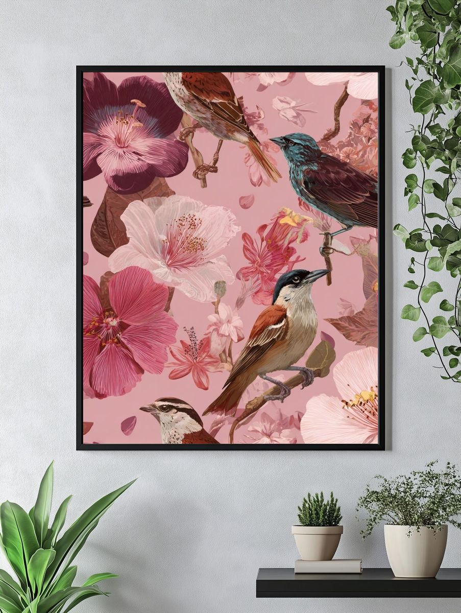 Pink Floral Birds Illustration Poster. — room view 4
