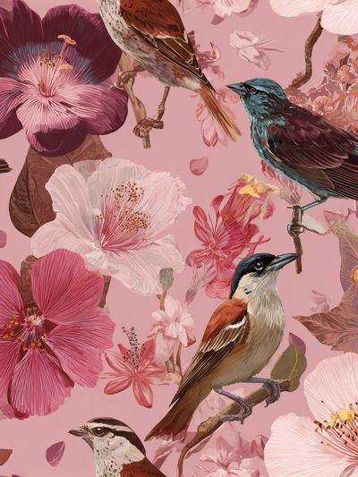 Pink Floral Birds Illustration Poster. poster print