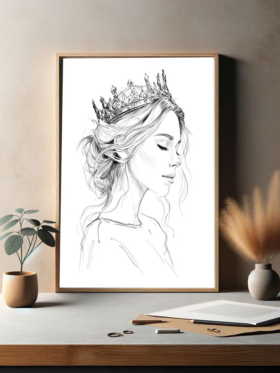 Crowned Woman Line Art Poster. — room view 2