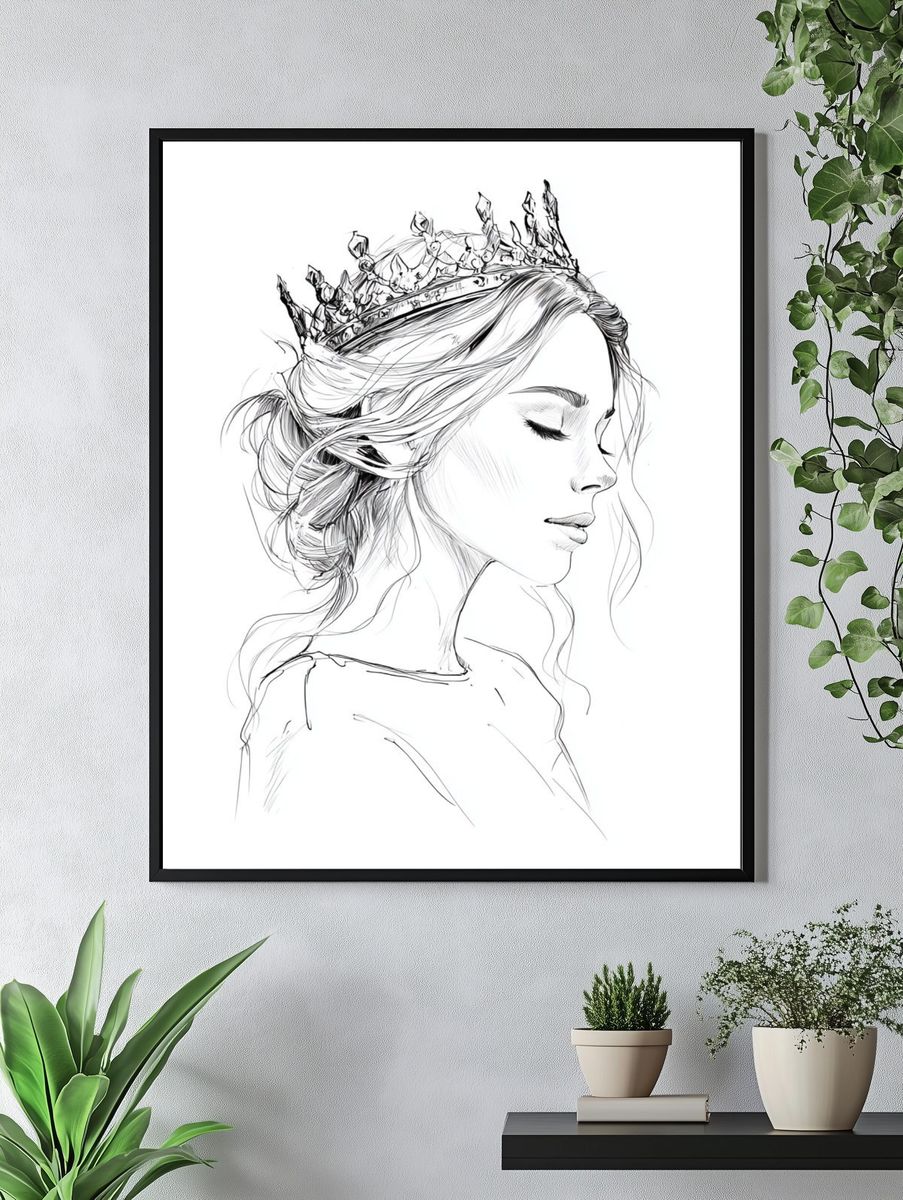 Crowned Woman Line Art Poster. — room view 4