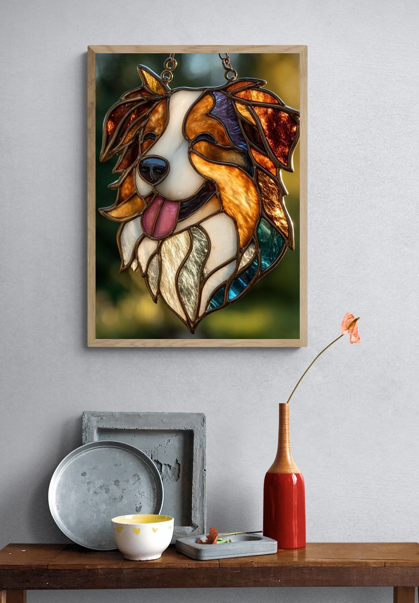Stained Glass Collie Portrait Poster. — room view 3
