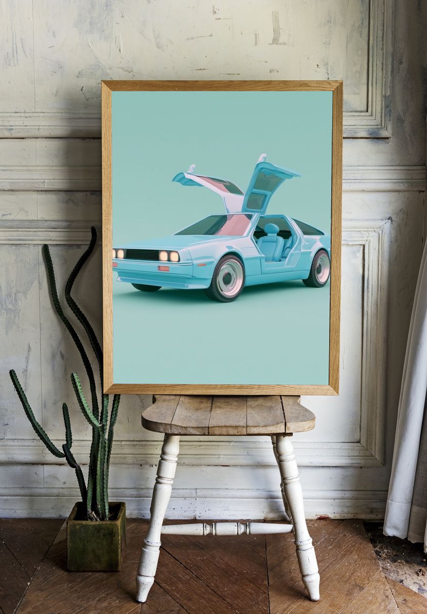 Pastel DeLorean Car Illustration Poster. — room view 1