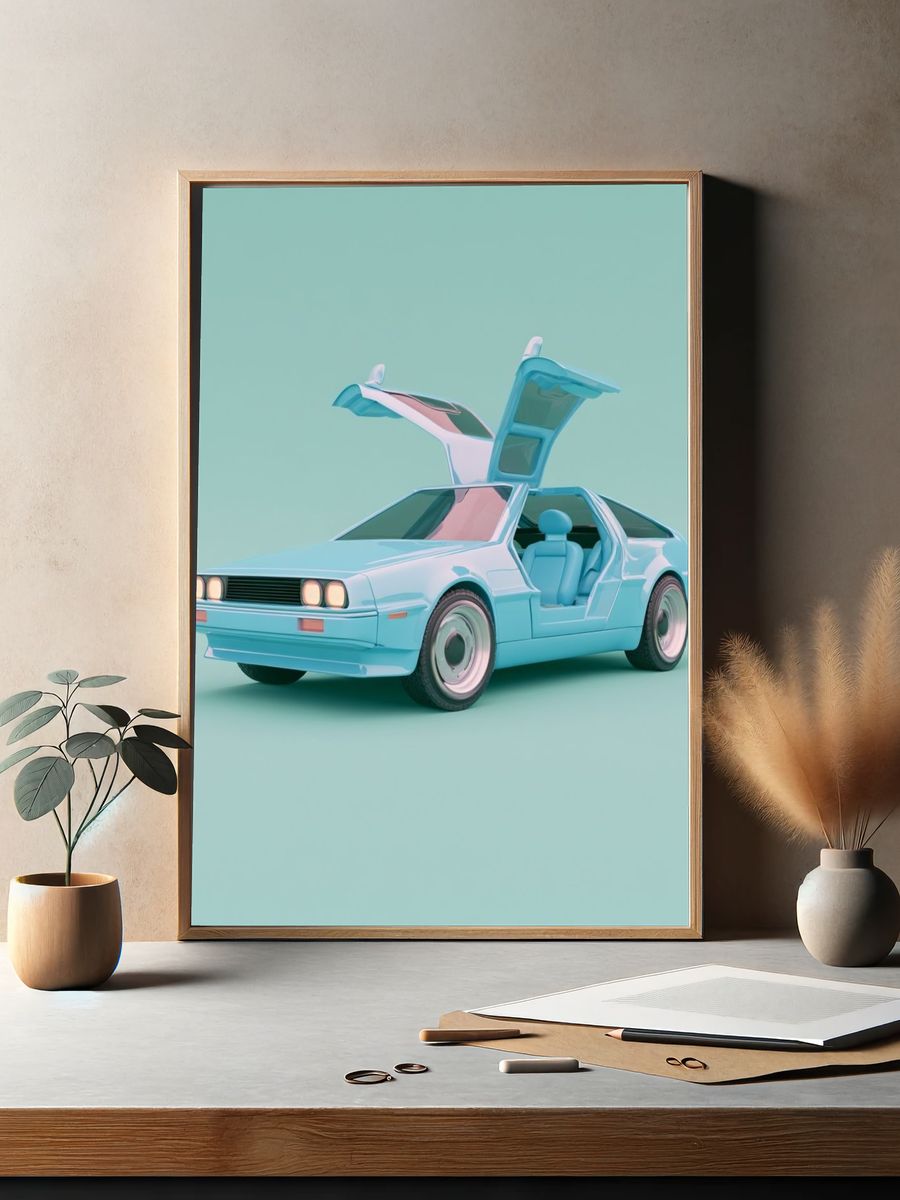 Pastel DeLorean Car Illustration Poster. — room view 2