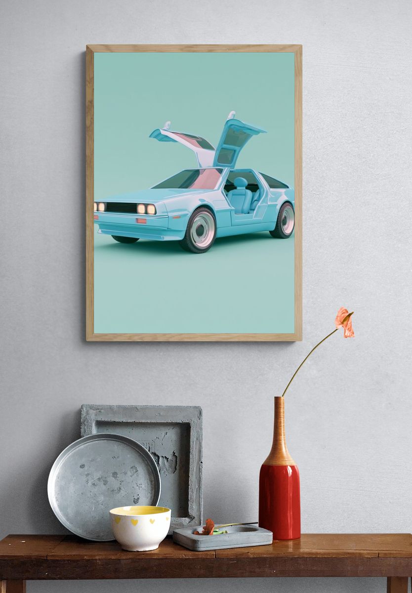 Pastel DeLorean Car Illustration Poster. — room view 3
