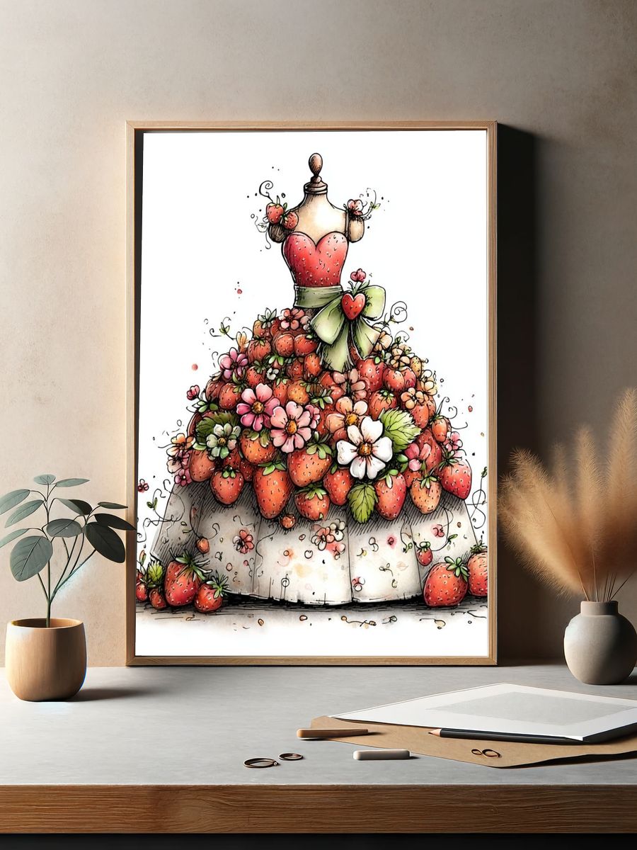 Strawberry Dress Watercolor Print. — room view 2
