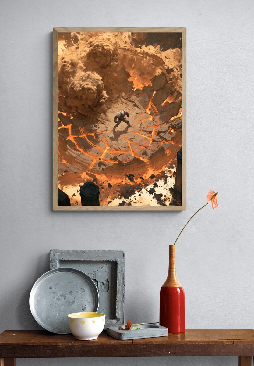 Volcanic Battle Scene Illustration Poster. — room view 3