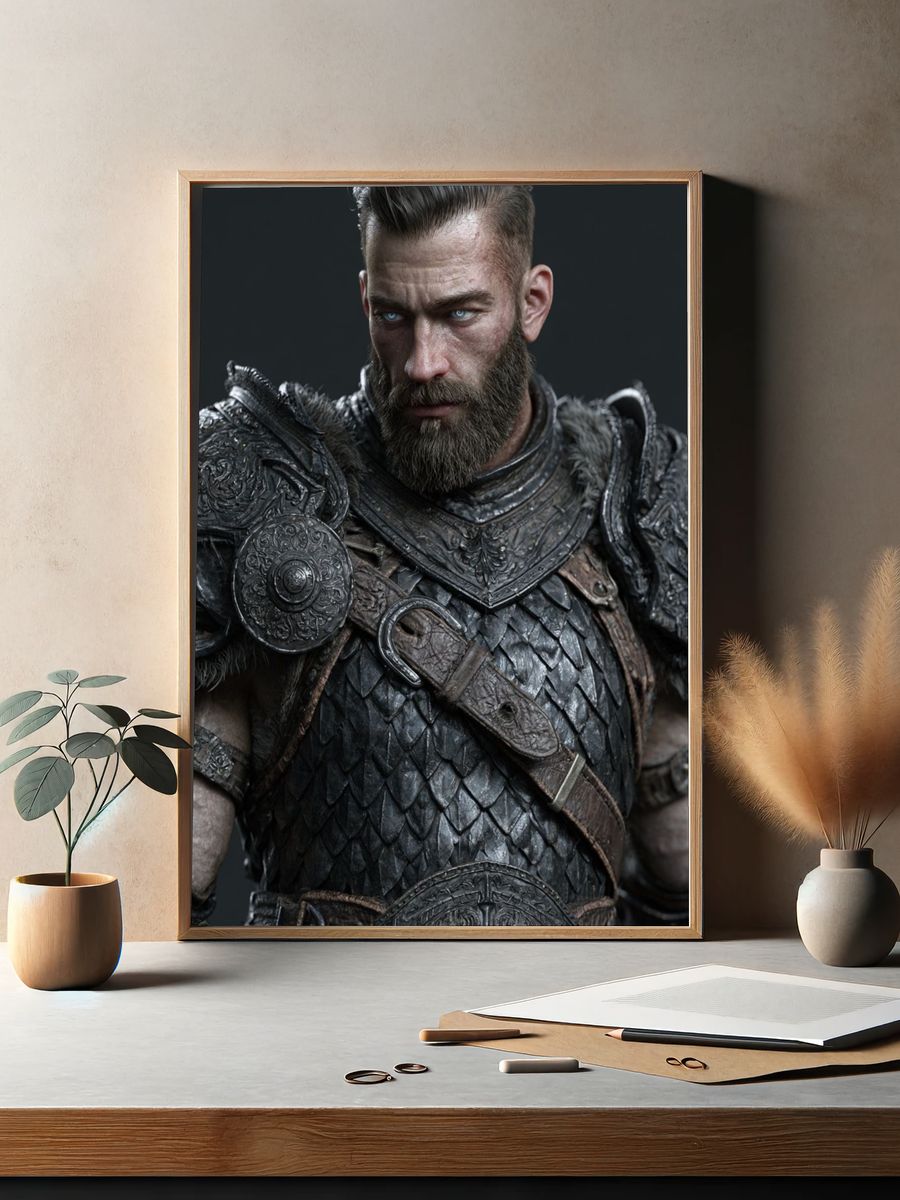 Armored Warrior Portrait Print. — room view 2