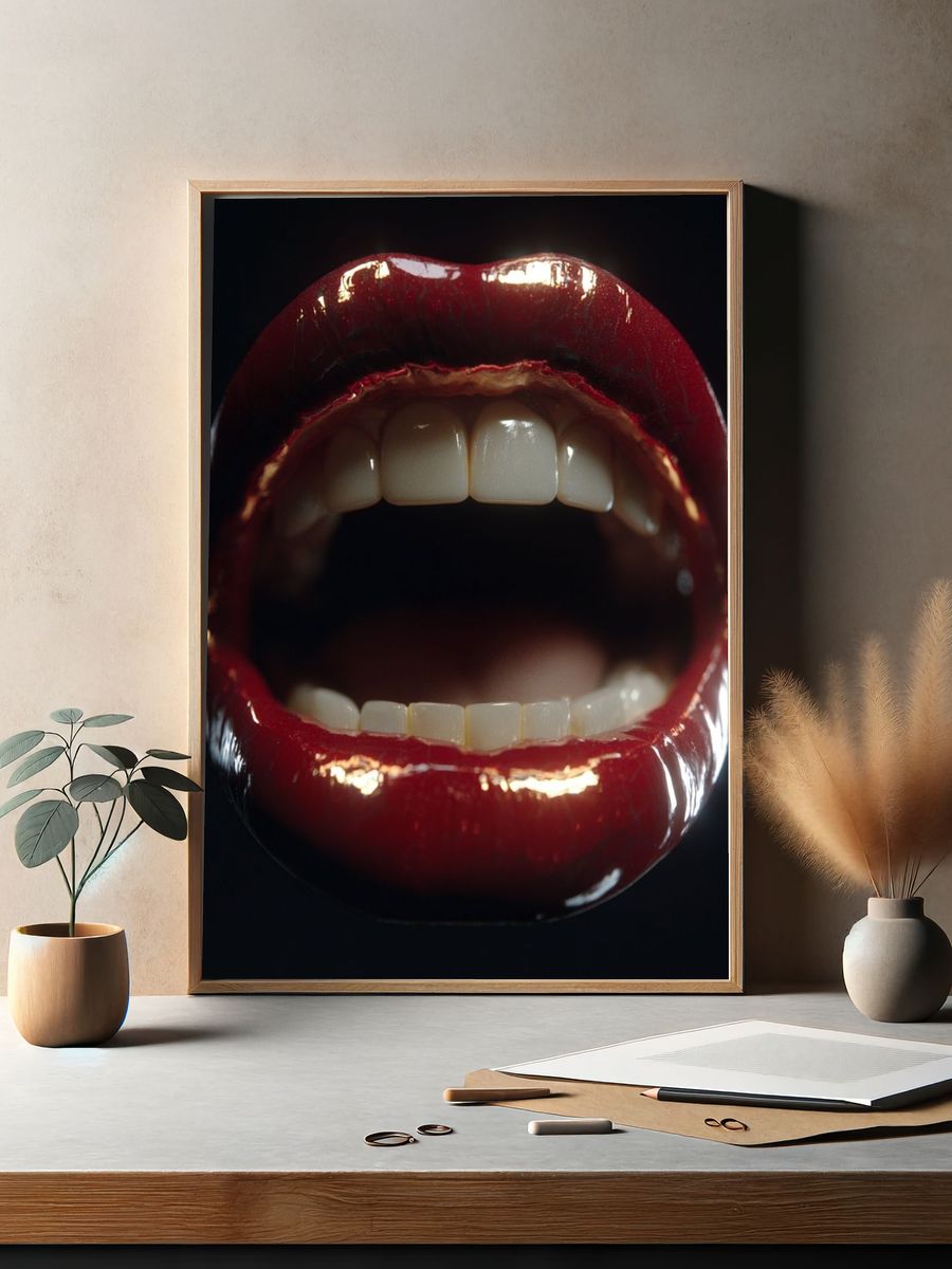 Glossy Red Lips Typography Print. — room view 2