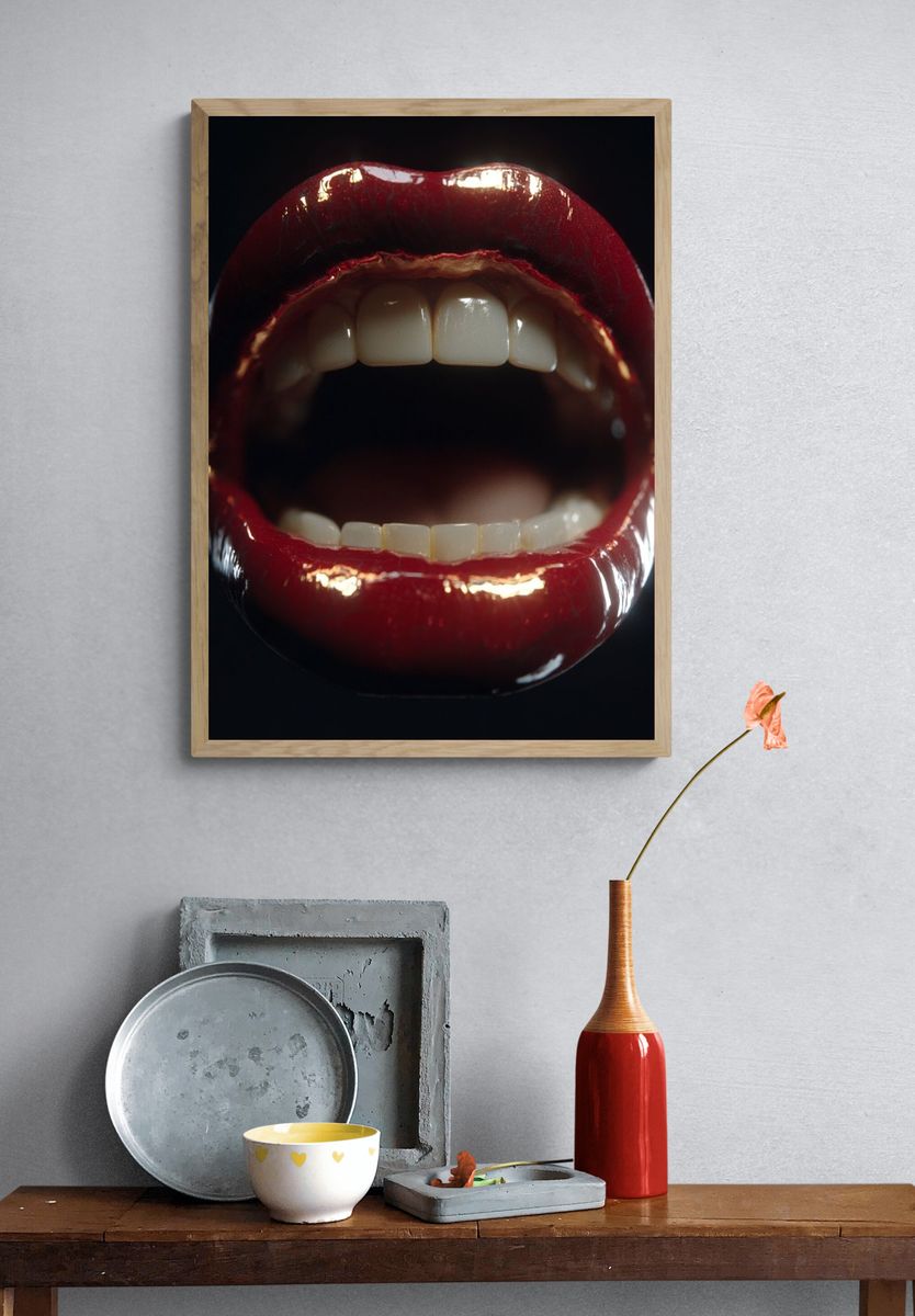 Glossy Red Lips Typography Print. — room view 3