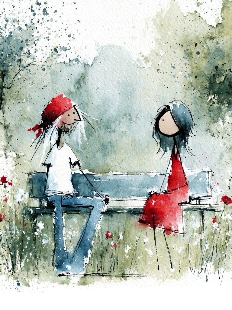 Couple on Bench Watercolor Print. poster detail