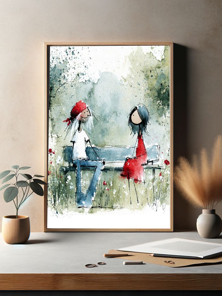 Couple on Bench Watercolor Print. — room view 2