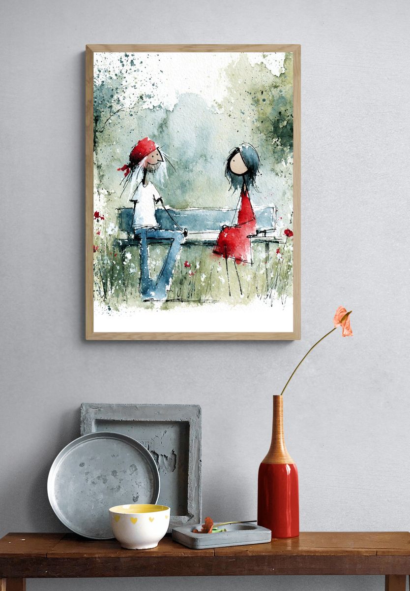 Couple on Bench Watercolor Print. — room view 3