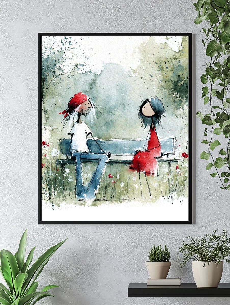 Couple on Bench Watercolor Print. — room view 4