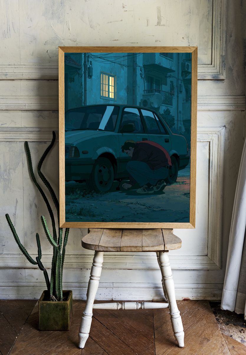 Midnight Car Repair Illustration Print. — room view 1