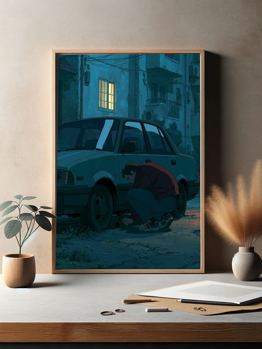 Midnight Car Repair Illustration Print. — room view 2