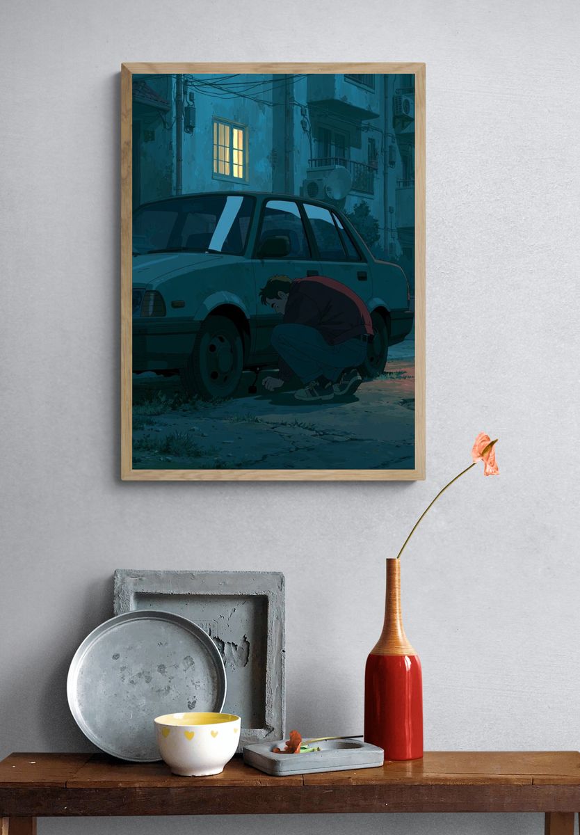Midnight Car Repair Illustration Print. — room view 3