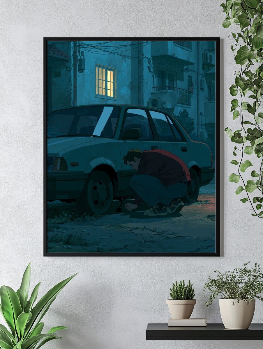 Midnight Car Repair Illustration Print. — room view 4