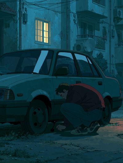 Midnight Car Repair Illustration Print. poster print