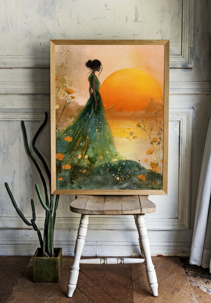 Sunset Woman Watercolor Print. — room view 1